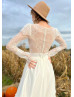 Long Sleeves Ivory French Lace Chiffon Boho Beach Wedding Dress